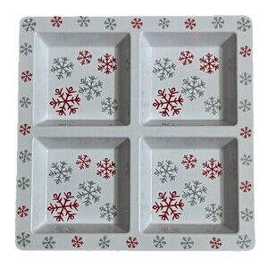 Christmas Serving Tray Holiday Party Snowflakes Vintage White Melamine 13 Square
